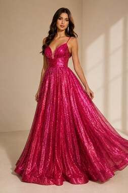 Ladivine by Cinderella Divine Glitter A-Line Long Prom Dress CD996 Fuchsia Size: